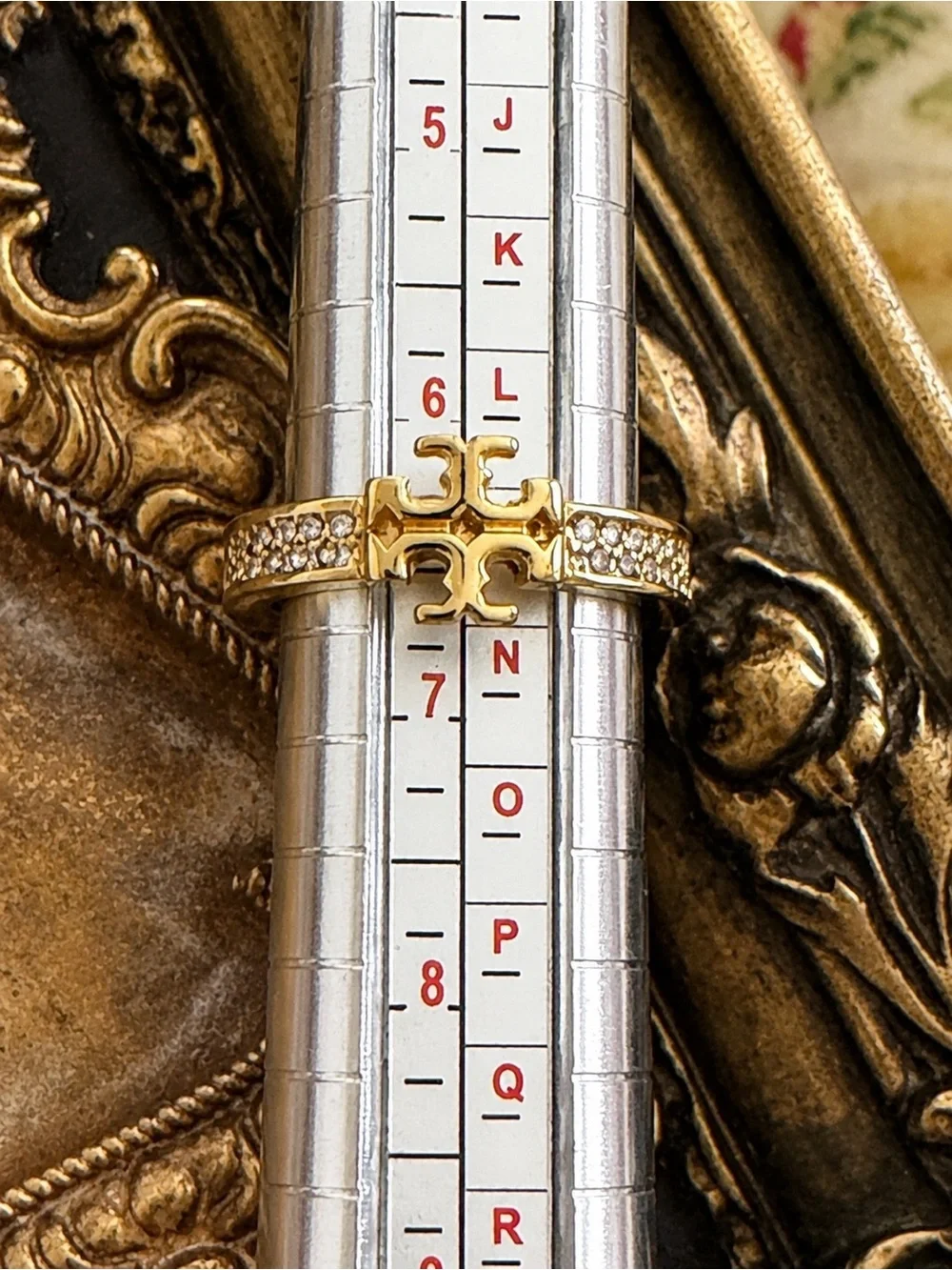 TORY BURCH • Gold Double T Crystal Logo Ring Includes Tory Burch Jewelry Bag